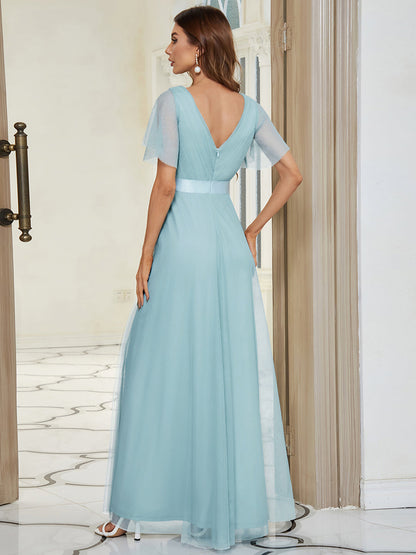 ever MISTE|Double V-Neck Floor-Length Short Sleeve Tulle Bridesmaid Dresses