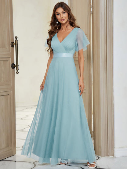 ever MISTE|Double V-Neck Floor-Length Short Sleeve Tulle Bridesmaid Dresses