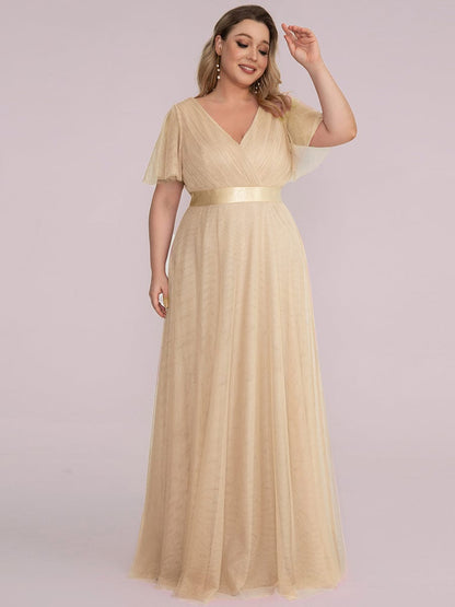 ever MISTE|Double V-Neck Floor-Length Short Sleeve Tulle Bridesmaid Dresses