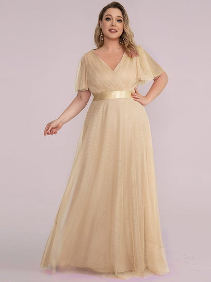 ever MISTE|Double V-Neck Floor-Length Short Sleeve Tulle Bridesmaid Dresses