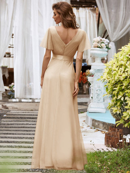 ever MISTE|Double V-Neck Floor-Length Short Sleeve Tulle Bridesmaid Dresses