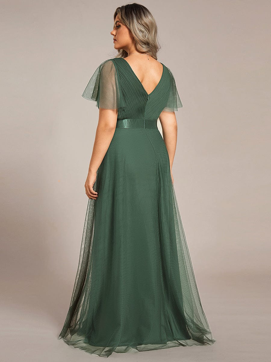 ever MISTE|Double V-Neck Floor-Length Short Sleeve Tulle Bridesmaid Dresses