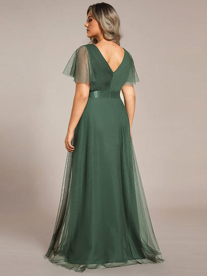 ever MISTE|Double V-Neck Floor-Length Short Sleeve Tulle Bridesmaid Dresses