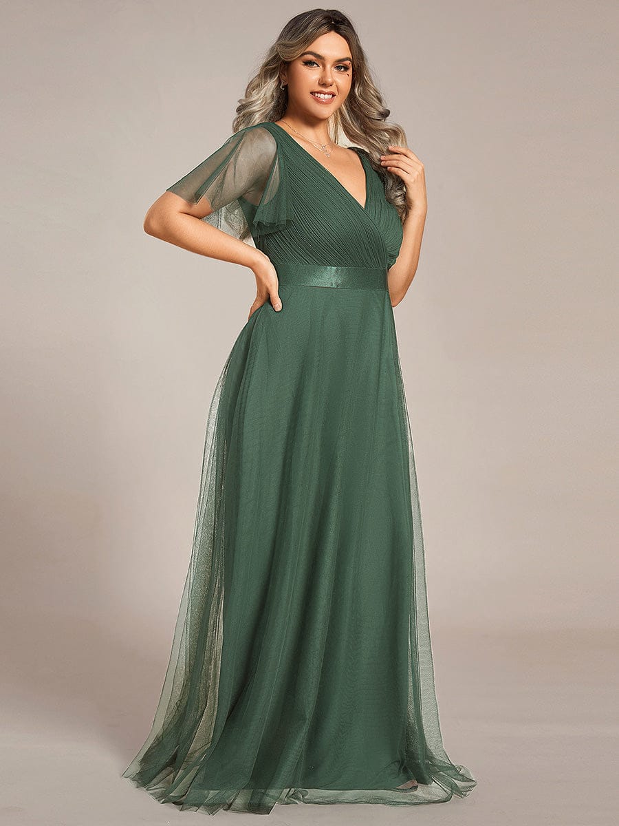 ever MISTE|Double V-Neck Floor-Length Short Sleeve Tulle Bridesmaid Dresses