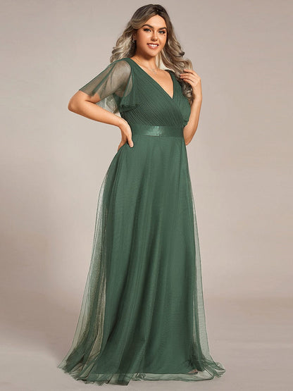 ever MISTE|Double V-Neck Floor-Length Short Sleeve Tulle Bridesmaid Dresses