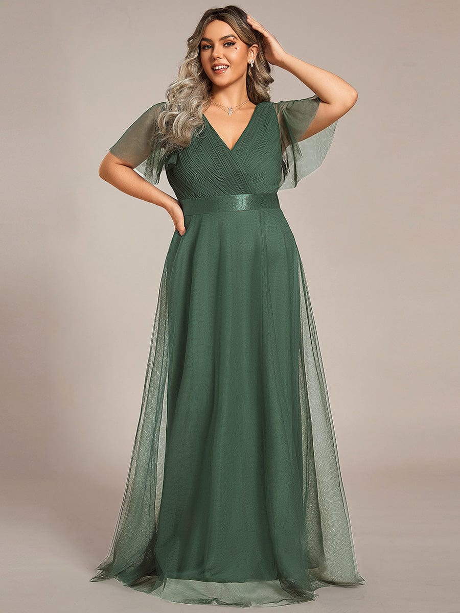 ever MISTE|Double V-Neck Floor-Length Short Sleeve Tulle Bridesmaid Dresses