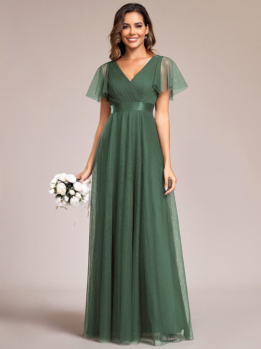 ever MISTE|Double V-Neck Floor-Length Short Sleeve Tulle Bridesmaid Dresses