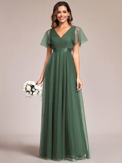 ever MISTE|Double V-Neck Floor-Length Short Sleeve Tulle Bridesmaid Dresses