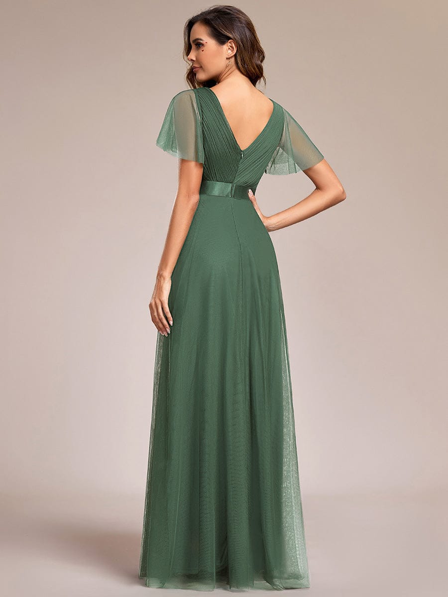 ever MISTE|Double V-Neck Floor-Length Short Sleeve Tulle Bridesmaid Dresses