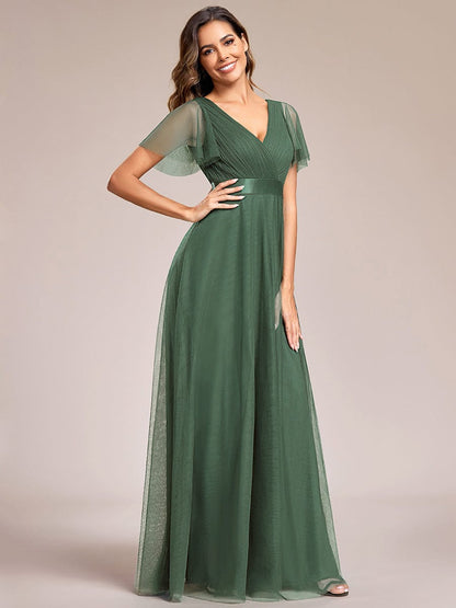 ever MISTE|Double V-Neck Floor-Length Short Sleeve Tulle Bridesmaid Dresses