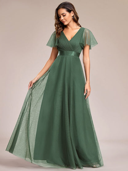 ever MISTE|Double V-Neck Floor-Length Short Sleeve Tulle Bridesmaid Dresses