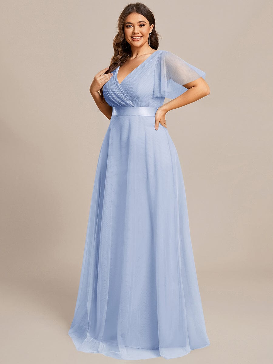 ever MISTE|Double V-Neck Floor-Length Short Sleeve Tulle Bridesmaid Dresses