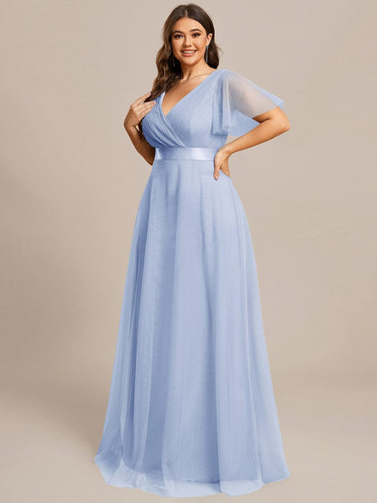 ever MISTE|Double V-Neck Floor-Length Short Sleeve Tulle Bridesmaid Dresses