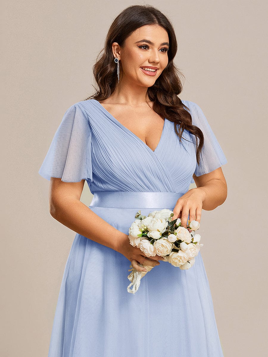 ever MISTE|Double V-Neck Floor-Length Short Sleeve Tulle Bridesmaid Dresses