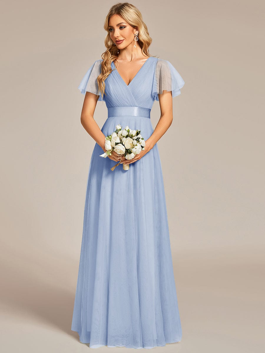 ever MISTE|Double V-Neck Floor-Length Short Sleeve Tulle Bridesmaid Dresses