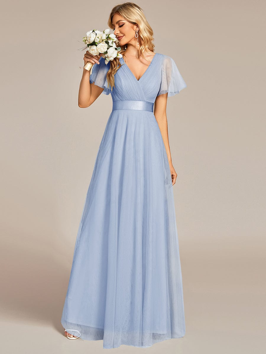 ever MISTE|Double V-Neck Floor-Length Short Sleeve Tulle Bridesmaid Dresses