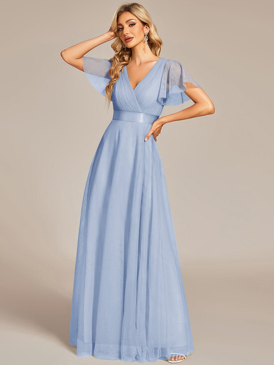 ever MISTE|Double V-Neck Floor-Length Short Sleeve Tulle Bridesmaid Dresses