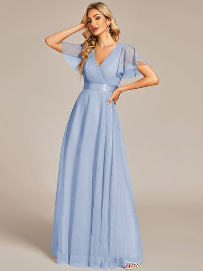 ever MISTE|Double V-Neck Floor-Length Short Sleeve Tulle Bridesmaid Dresses