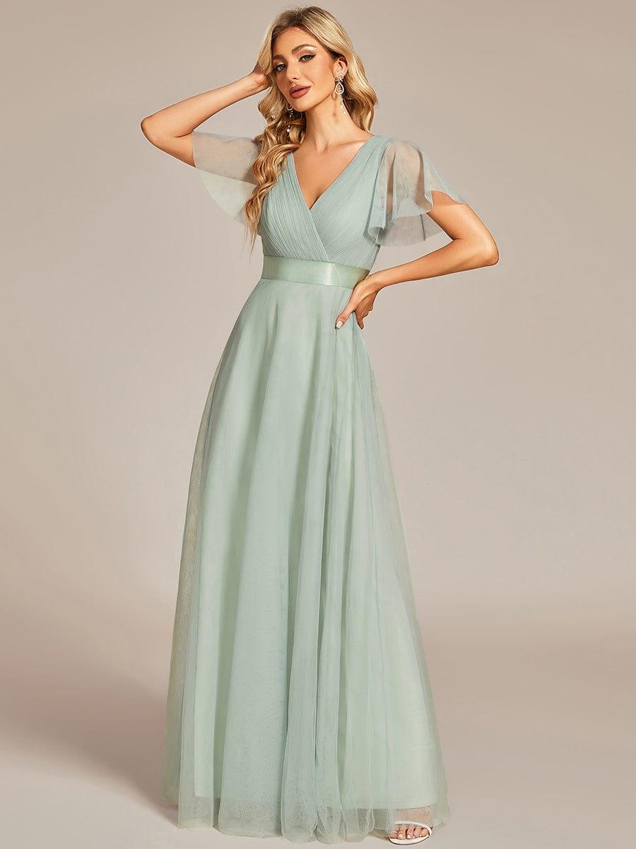 ever MISTE|Double V-Neck Floor-Length Short Sleeve Tulle Bridesmaid Dresses