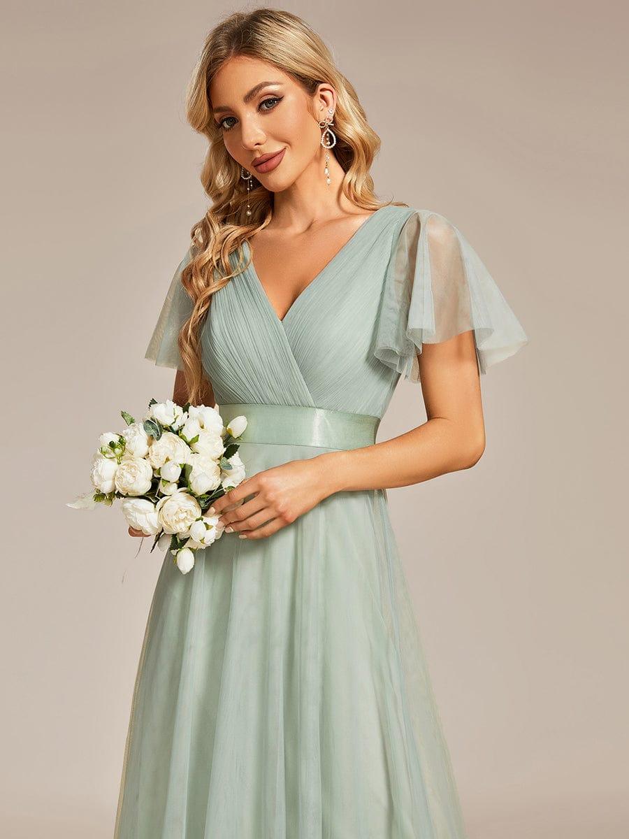 ever MISTE|Double V-Neck Floor-Length Short Sleeve Tulle Bridesmaid Dresses