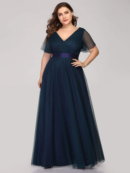 ever MISTE|Double V-Neck Floor-Length Short Sleeve Tulle Bridesmaid Dresses
