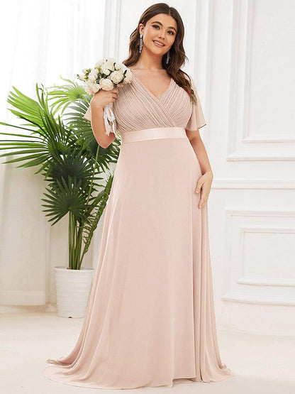 pretty MONICA|Plus Size Empire Waist V Back Bridesmaid Dress with Short Sleeves
