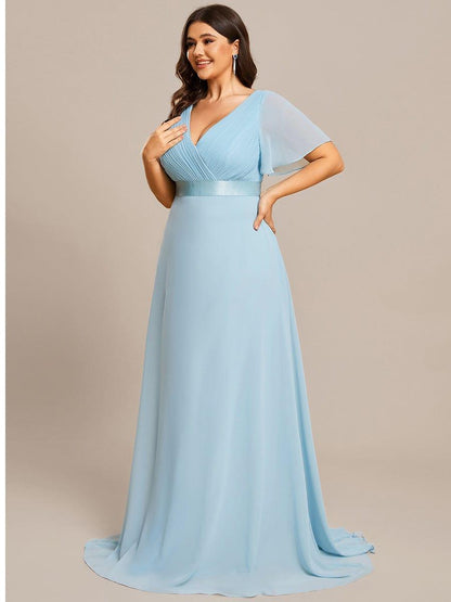 pretty MONICA|Plus Size Empire Waist V Back Bridesmaid Dress with Short Sleeves
