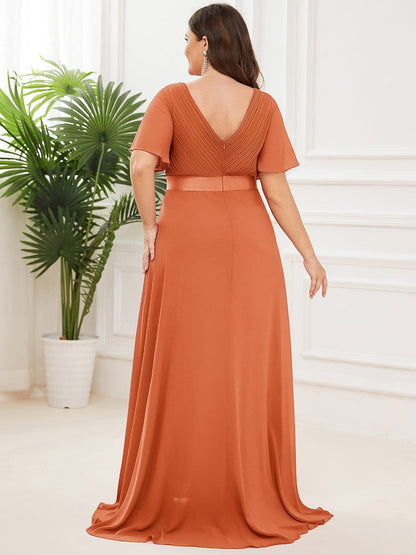 ever MONICA|Long Empire Waist Bridesmaid Dress with Short Flutter Sleeves
