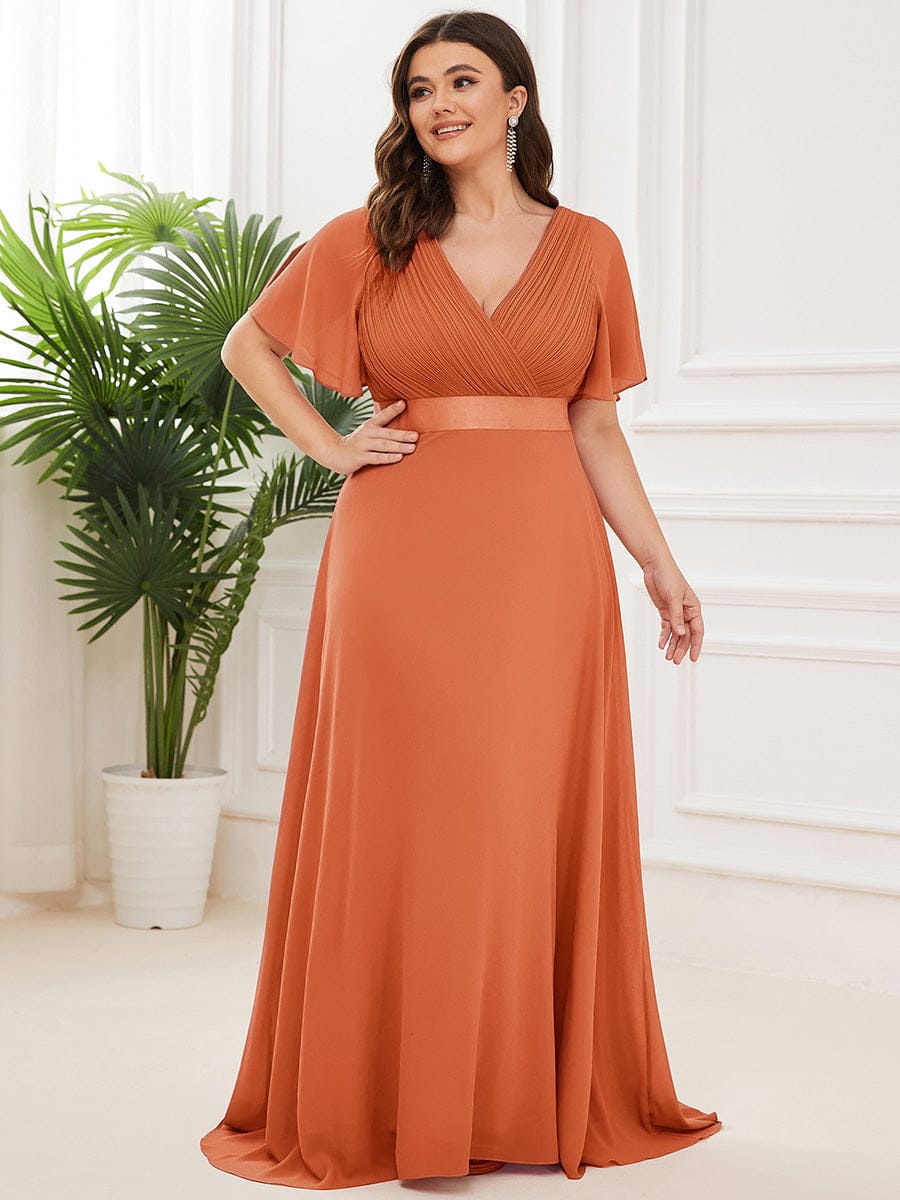 ever MONICA|Long Empire Waist Bridesmaid Dress with Short Flutter Sleeves