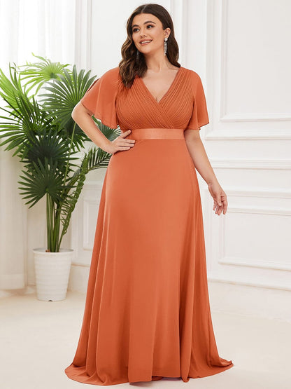 ever MONICA|Long Empire Waist Bridesmaid Dress with Short Flutter Sleeves