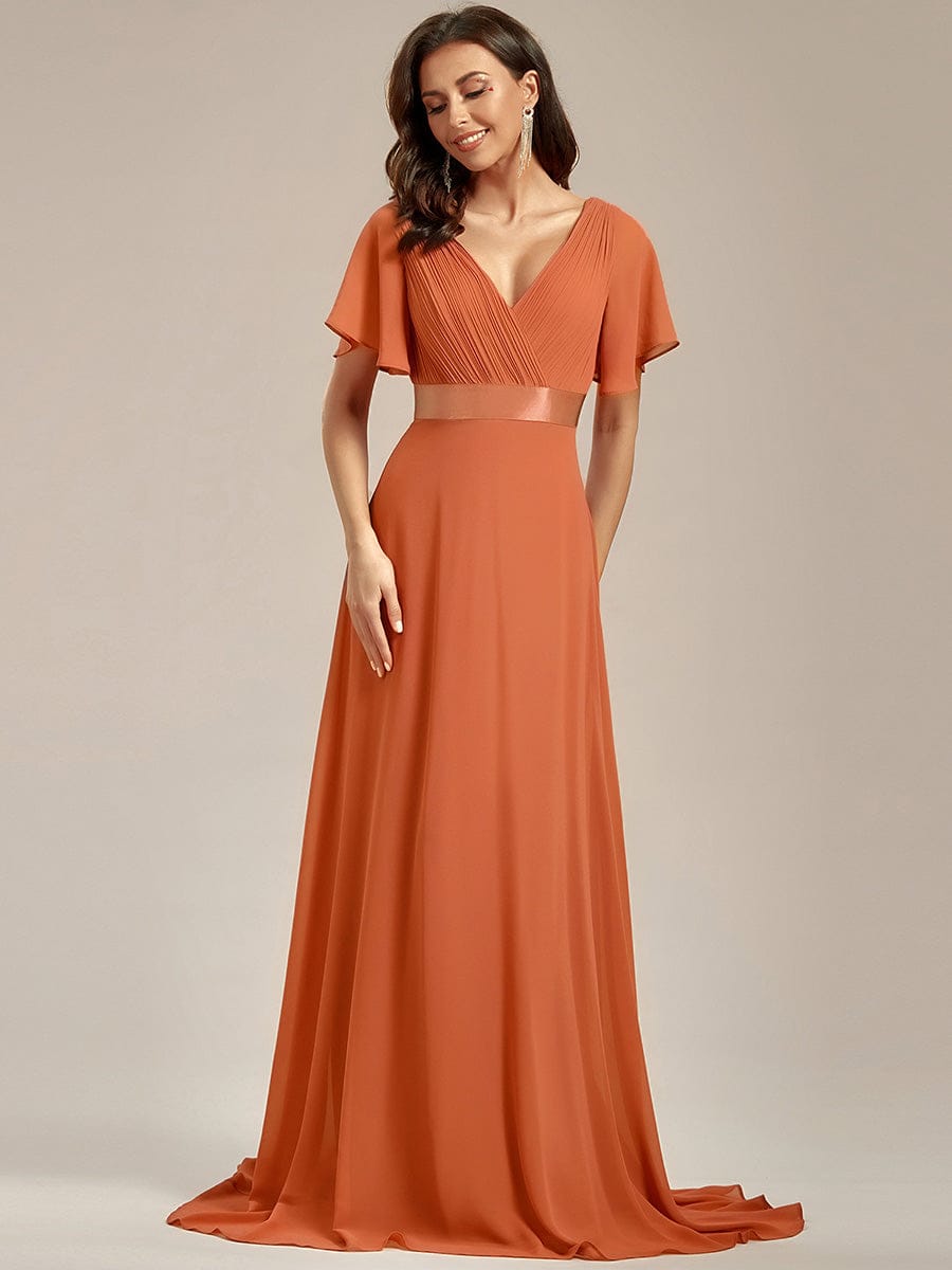 ever MONICA|Long Empire Waist Bridesmaid Dress with Short Flutter Sleeves