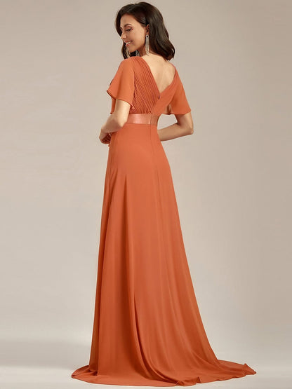 ever MONICA|Long Empire Waist Bridesmaid Dress with Short Flutter Sleeves