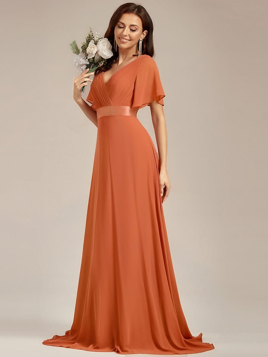 ever MONICA|Long Empire Waist Bridesmaid Dress with Short Flutter Sleeves