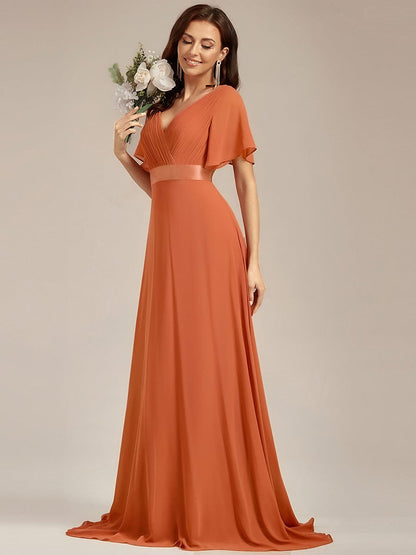 ever MONICA|Long Empire Waist Bridesmaid Dress with Short Flutter Sleeves