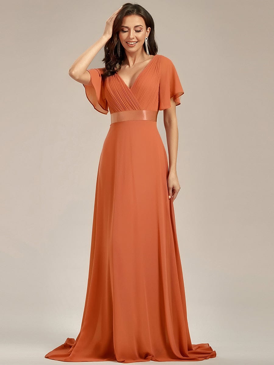 ever MONICA|Long Empire Waist Bridesmaid Dress with Short Flutter Sleeves