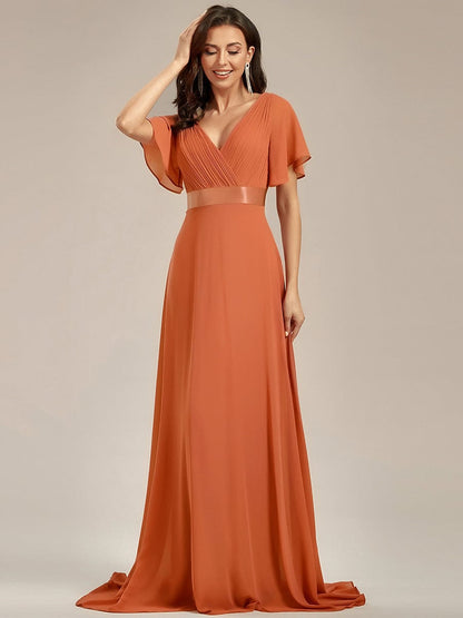 ever MONICA|Long Empire Waist Bridesmaid Dress with Short Flutter Sleeves