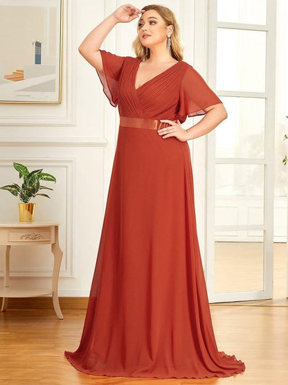 pretty MONICA|Plus Size Empire Waist V Back Bridesmaid Dress with Short Sleeves