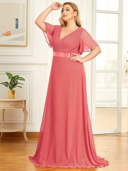 pretty MONICA|Plus Size Empire Waist V Back Bridesmaid Dress with Short Sleeves