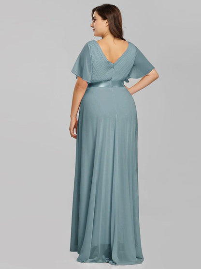 pretty MONICA|Plus Size Empire Waist V Back Bridesmaid Dress with Short Sleeves