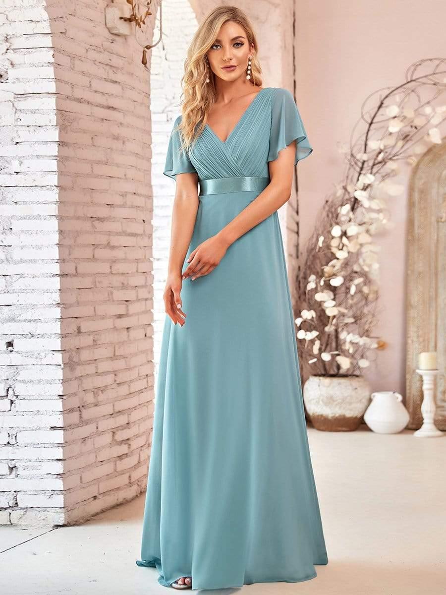 ever MONICA|Long Empire Waist Bridesmaid Dress with Short Flutter Sleeves