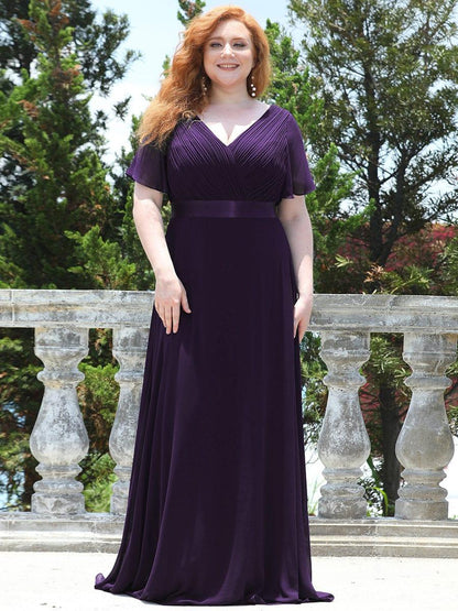 pretty MONICA|Plus Size Empire Waist V Back Bridesmaid Dress with Short Sleeves