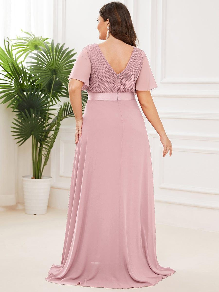 pretty MONICA|Plus Size Empire Waist V Back Bridesmaid Dress with Short Sleeves