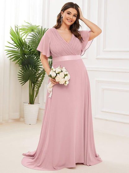 pretty MONICA|Plus Size Empire Waist V Back Bridesmaid Dress with Short Sleeves