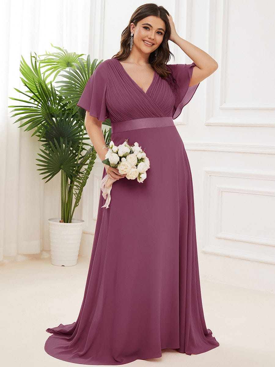 pretty MONICA|Plus Size Simple Empire Waist Flutter Sleeve Evening Dress