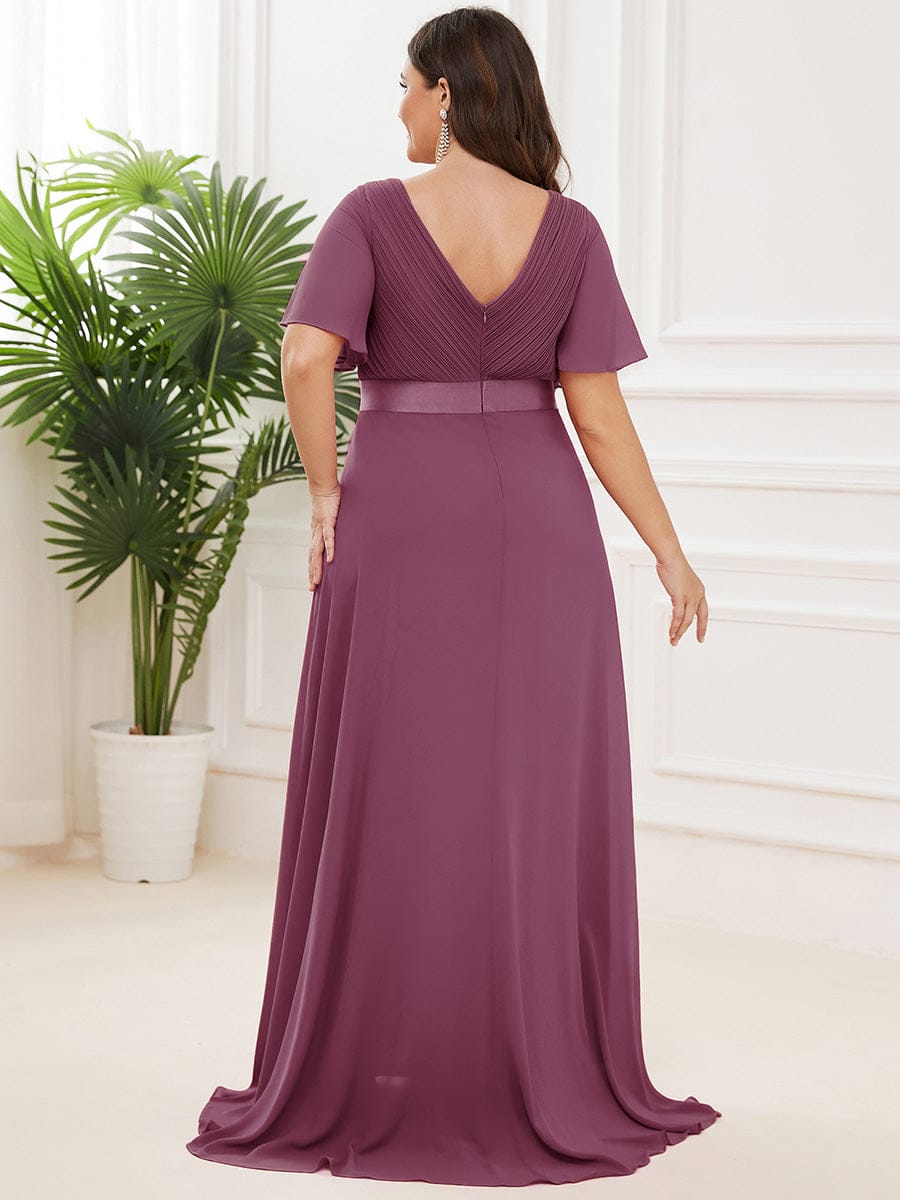 ever MONICA|Long Empire Waist Bridesmaid Dress with Short Flutter Sleeves