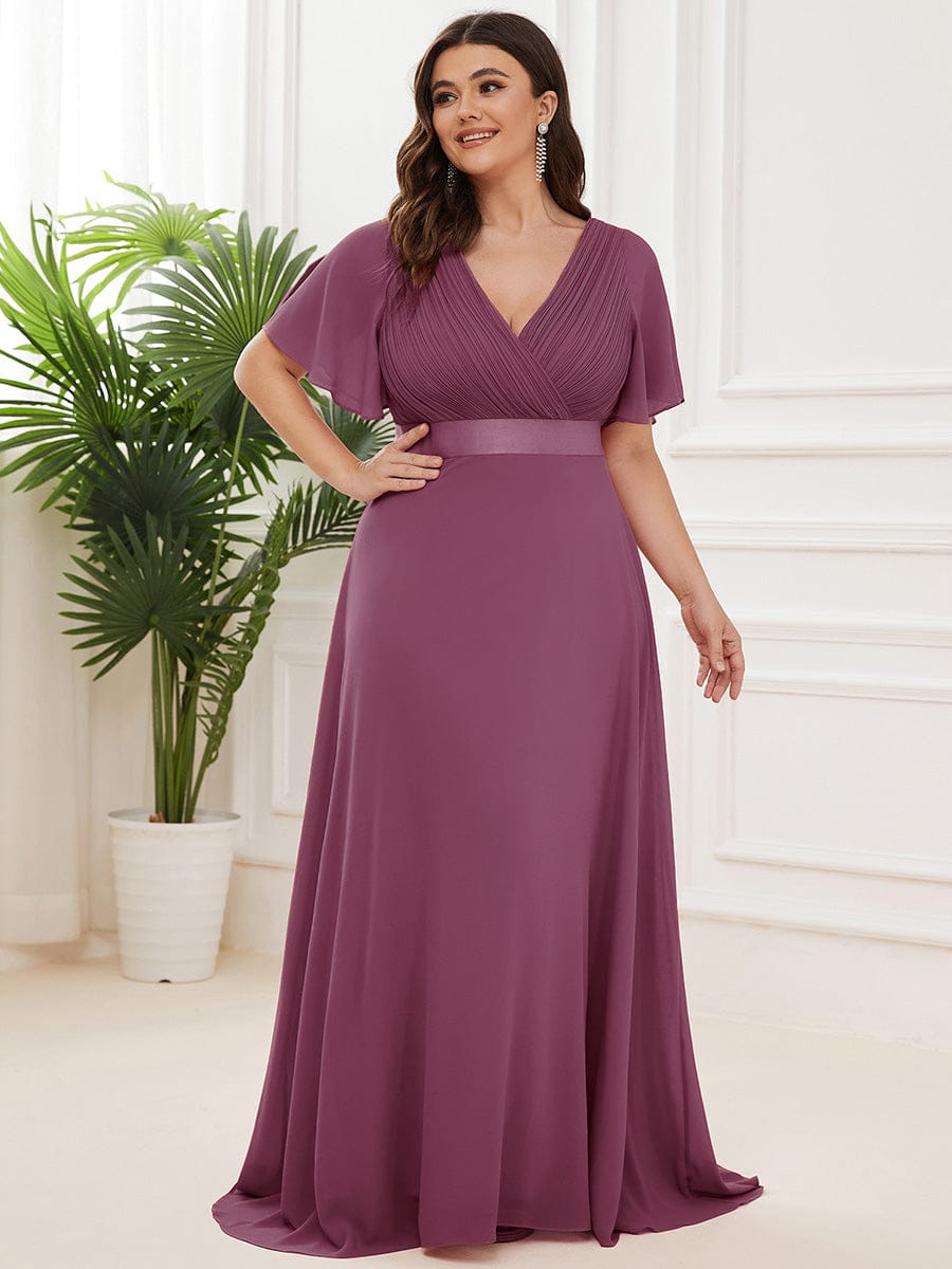 ever MONICA|Long Empire Waist Bridesmaid Dress with Short Flutter Sleeves