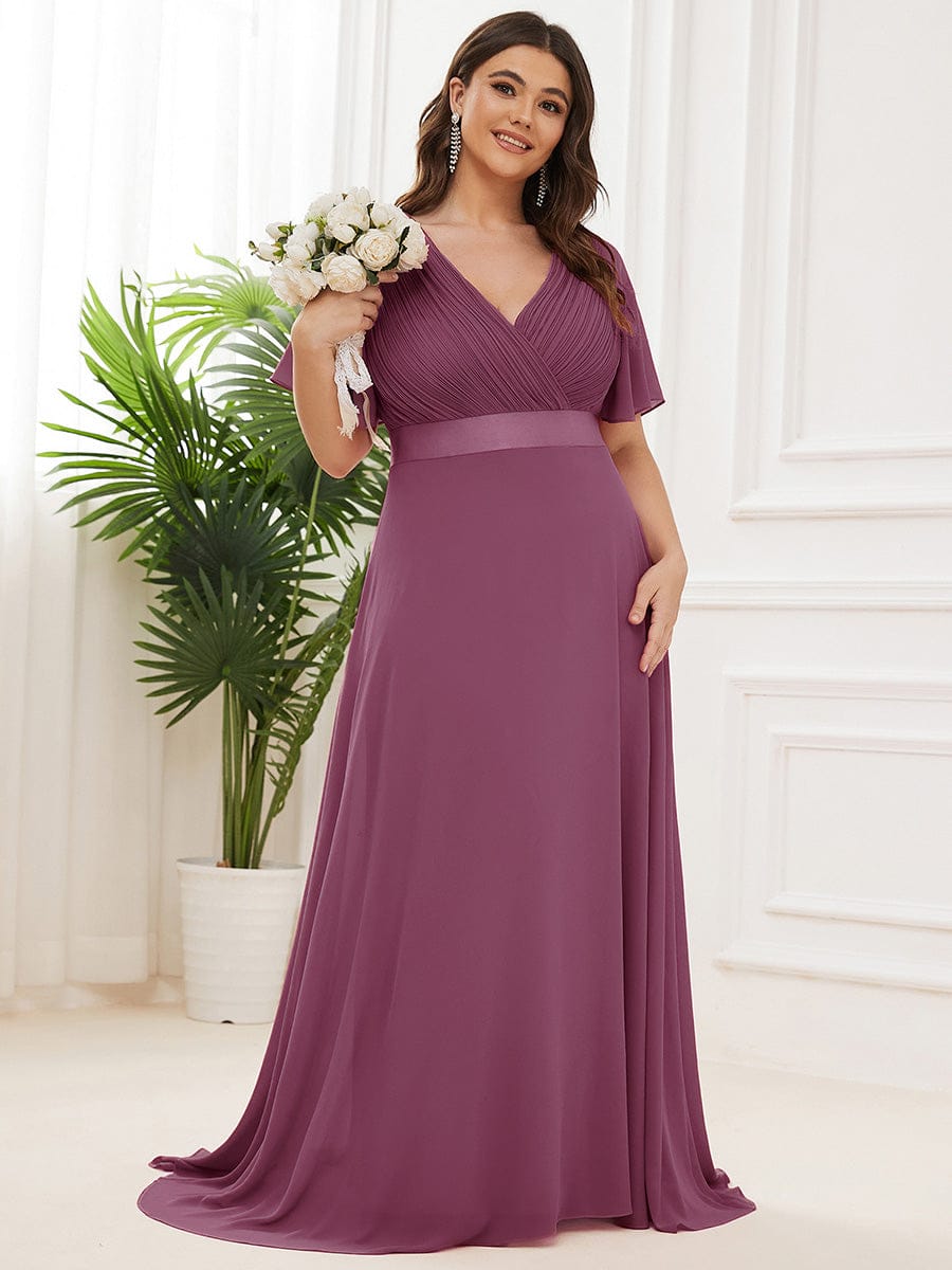 ever MONICA|Long Empire Waist Bridesmaid Dress with Short Flutter Sleeves