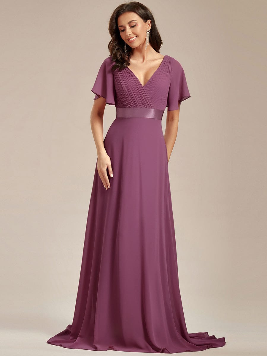 ever MONICA|Long Empire Waist Bridesmaid Dress with Short Flutter Sleeves