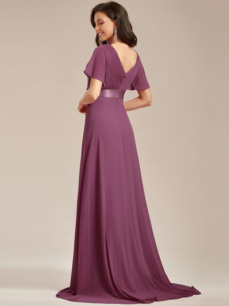 ever MONICA|Long Empire Waist Bridesmaid Dress with Short Flutter Sleeves