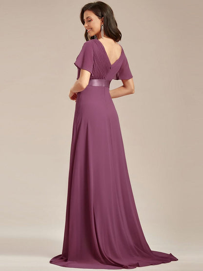 ever MONICA|Long Empire Waist Bridesmaid Dress with Short Flutter Sleeves